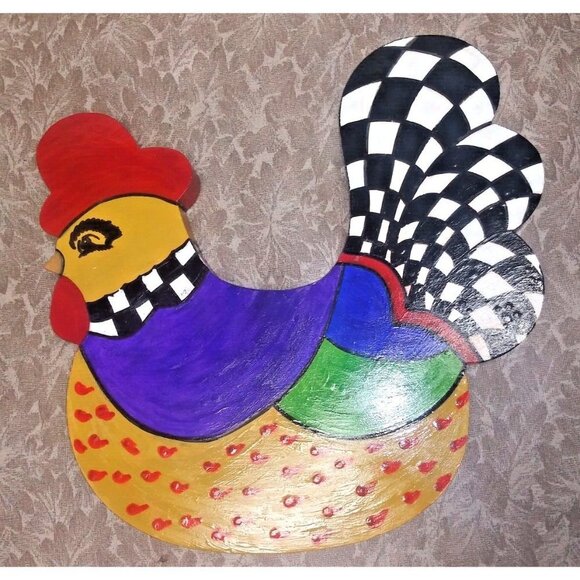 whimsical Rooster Figurine wood wall-hanging Multicolor & black white checkered - Picture 14 of 15